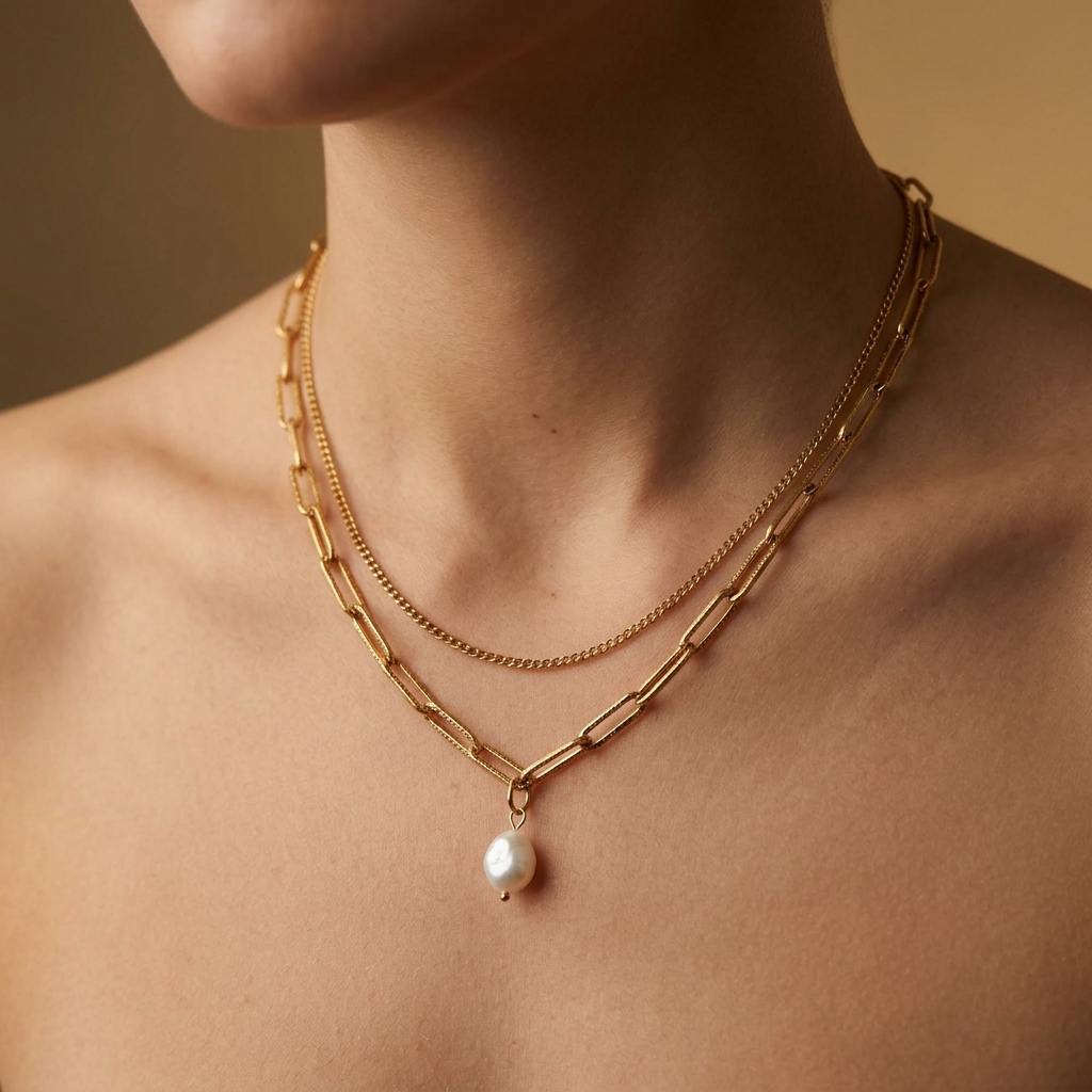 A close-up of a model's neck and upper chest wearing a layered gold necklace with a baroque pearl pendant.
