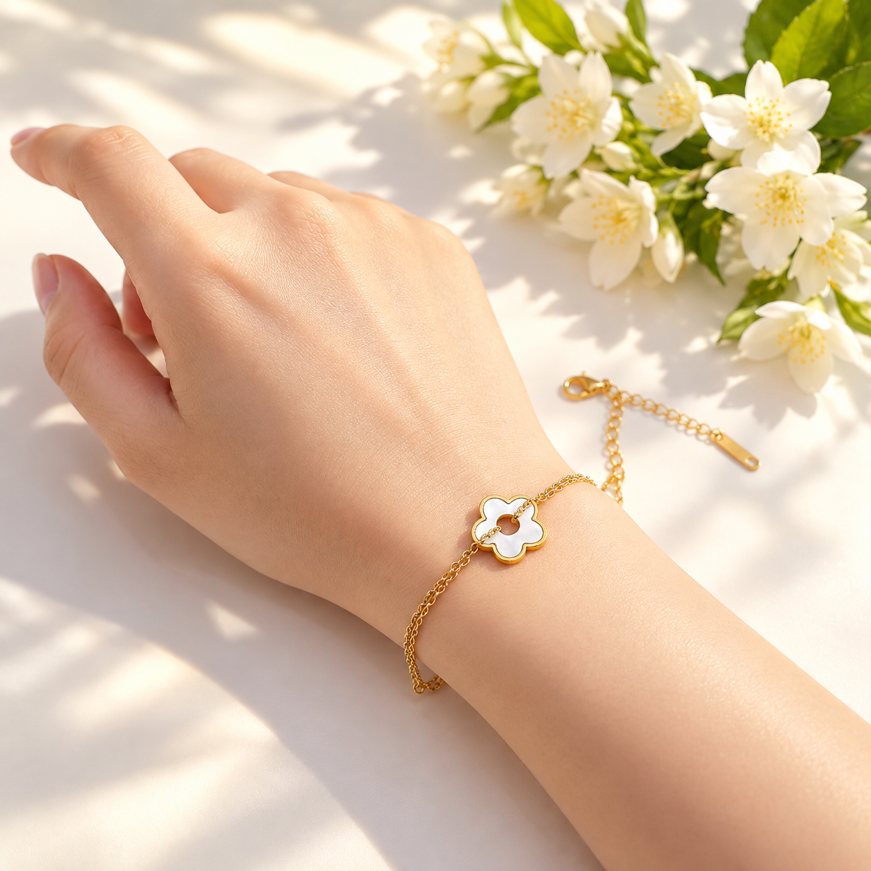 Gold bracelet with a floral design on a hand, surrounded by white flowers on a light background