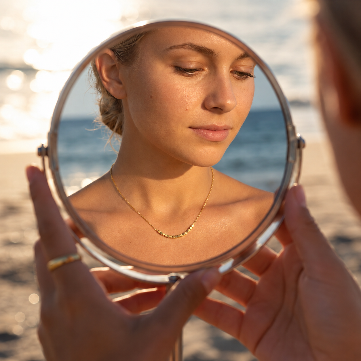 Gold beaded chain necklace reflected in a handheld mirror, worn by a woman on a sunny beach.