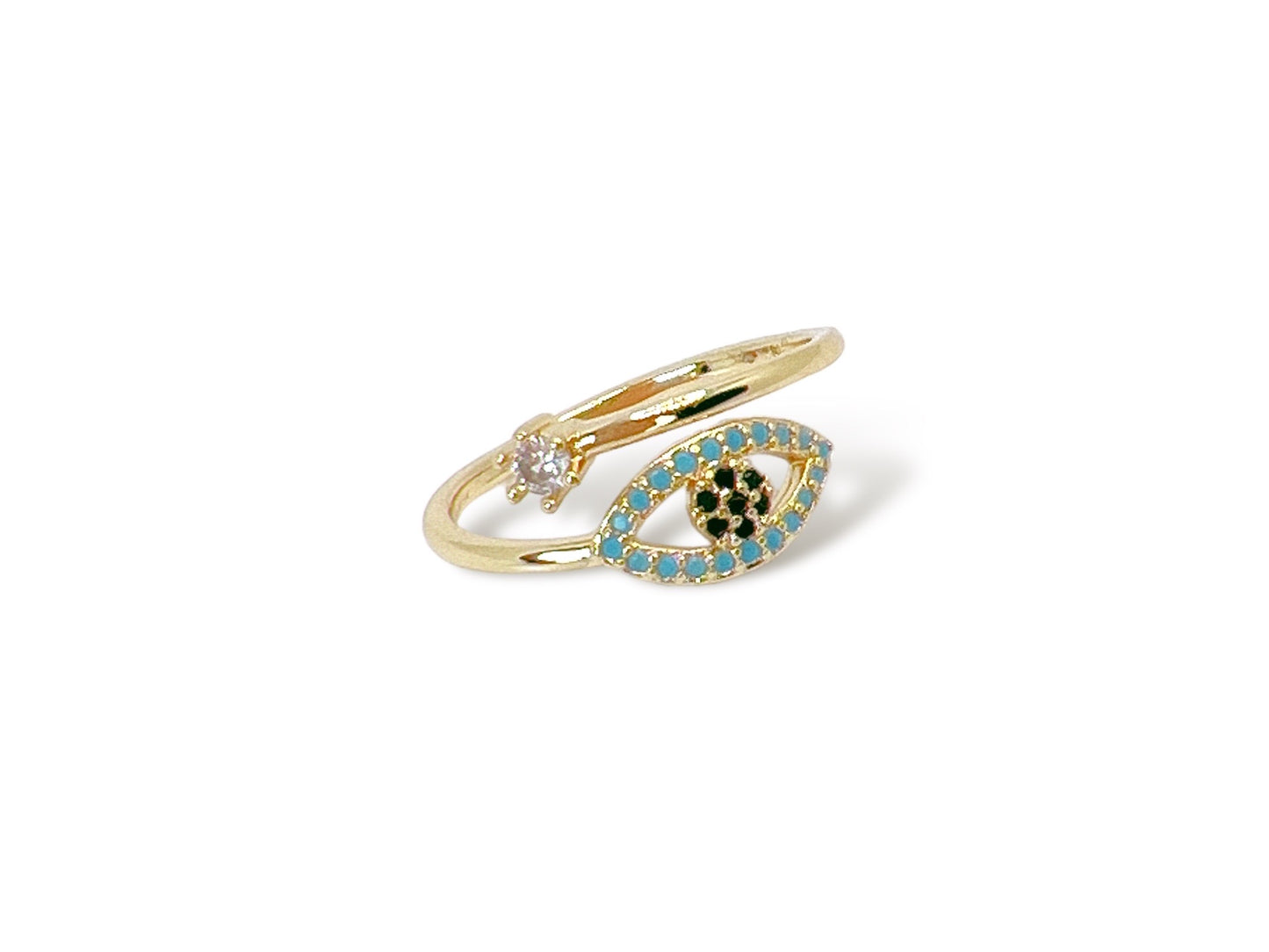 Diamond Zircon Evil Eye Ring - Turquoise, gold open ring with turquoise stones, black zircon center and clear zircon accent