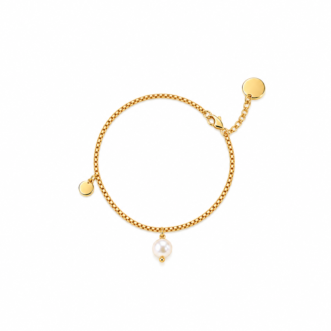Pearl Promise Bracelet, 18K gold-plated box chain with a white pearl drop and two gold disc charms