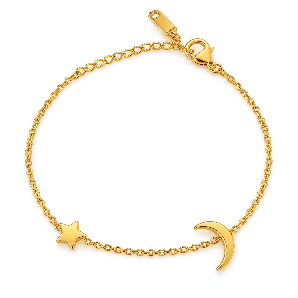 Starlit Moon Bracelet in gold-plated stainless steel with star and crescent moon charms on a white background.