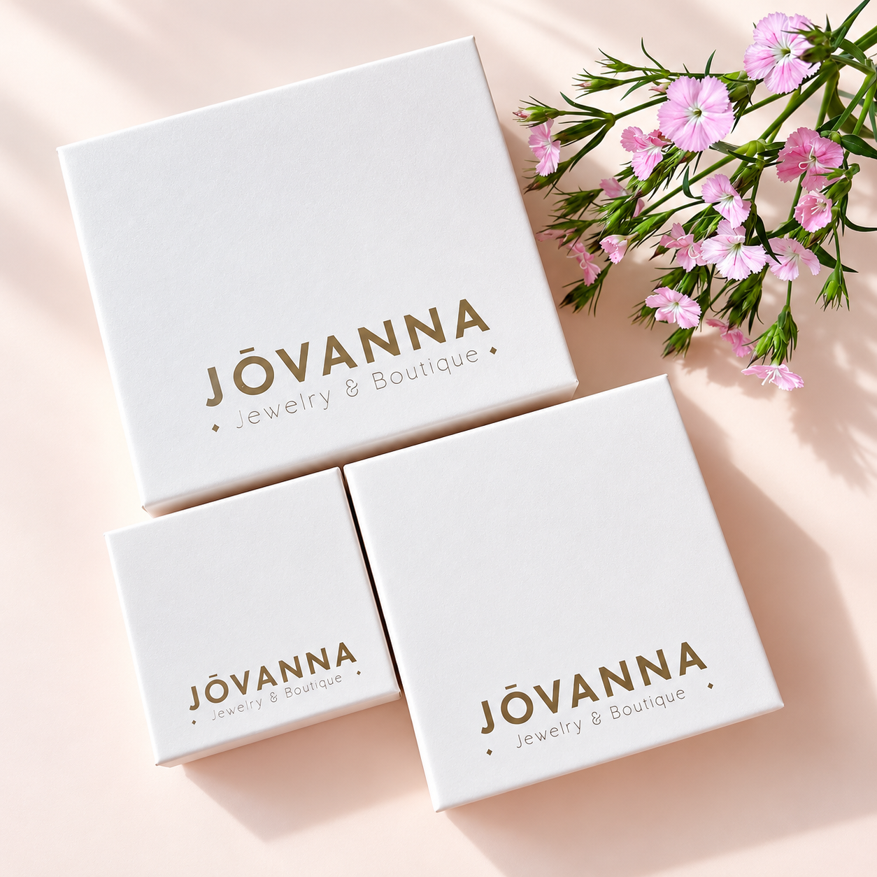 Every piece arrives in a signature Jōvanna Jewelry & Boutique gift box, finished in soft white with an elegant gold foil logo. Beautifully presented and ready to give, no extra wrapping needed.
