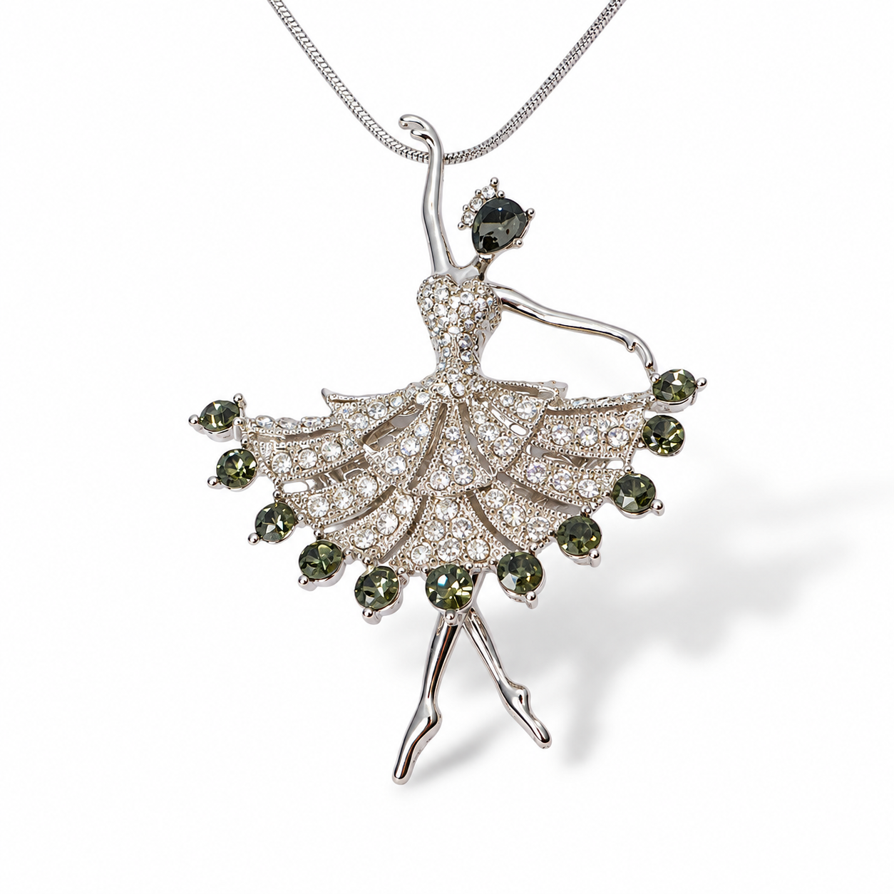 Emerald Prima ballerina pendant on snake chain, heart-shaped crystal bodice, fan tutu edged in olive green crystals