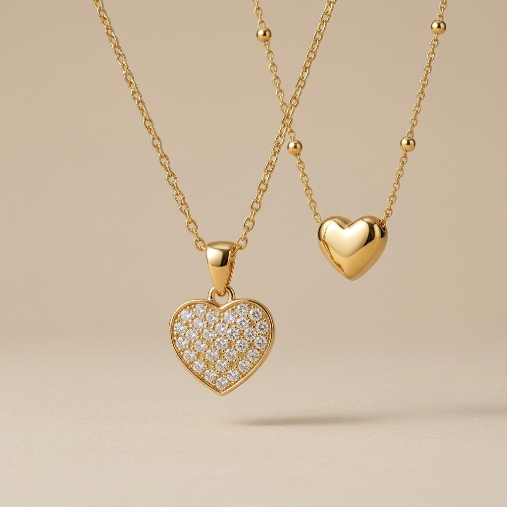Gold necklace with a heart-shaped diamond pendant on a white background