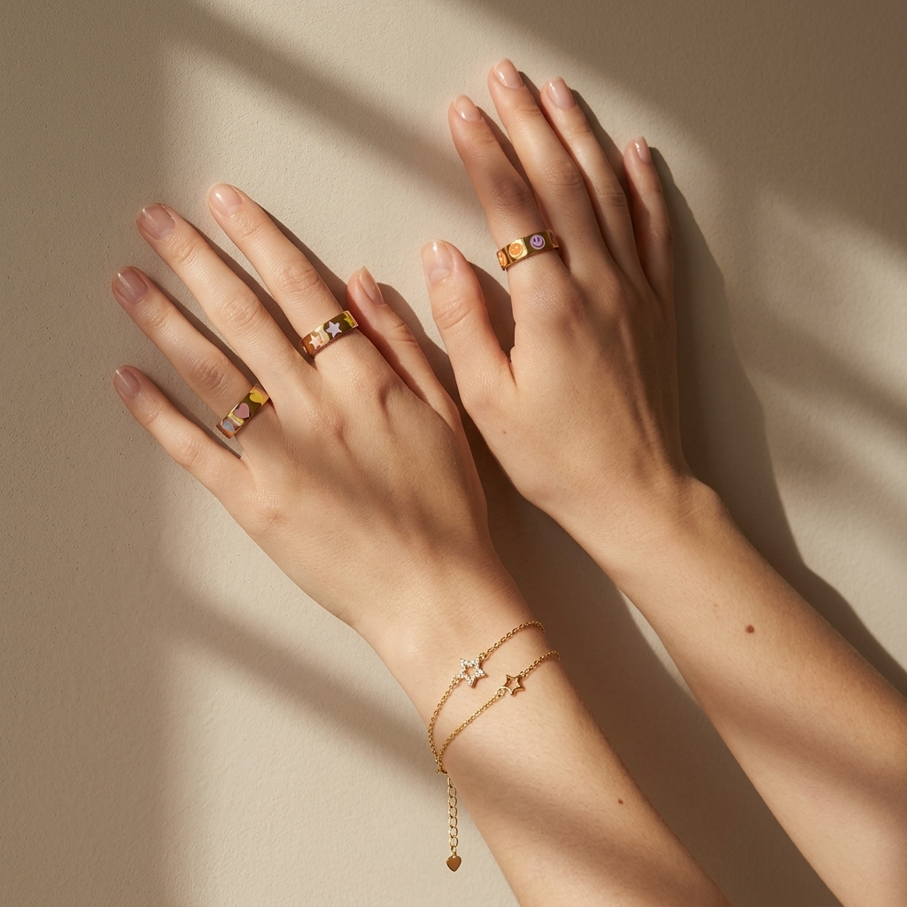 Two layered gold star bracelets on the wrist, one with a crystal pavé star and one with an open outline star, with a heart charm extender.