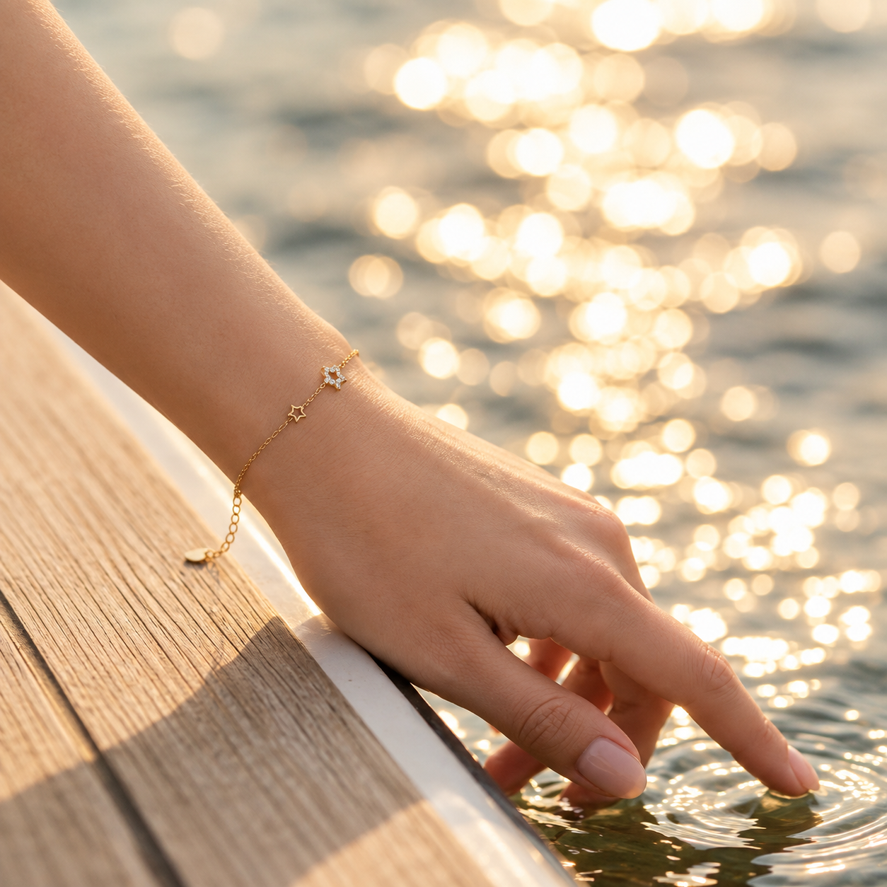 A delicate gold chain bracelet with small star and crescent moon charms worn on a woman's wrist, shown in a lifestyle setting with her hand resting on the edge of a wooden dock over shimmering water.