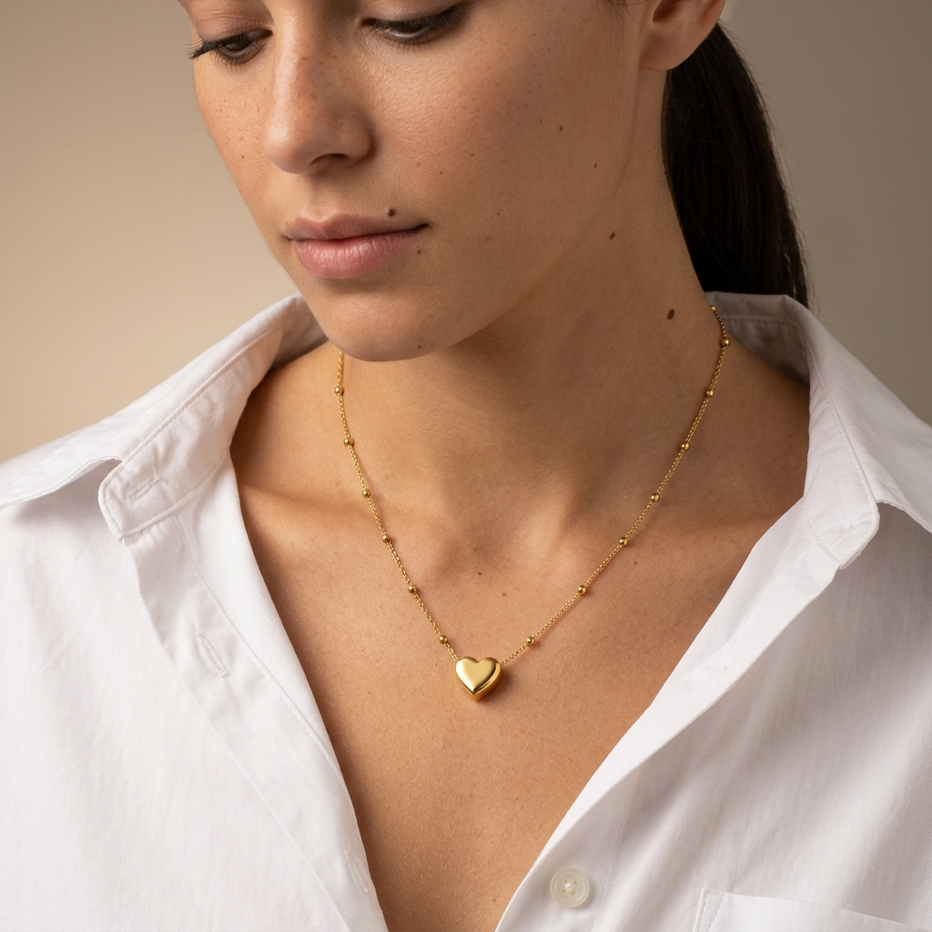 Featuring a polished heart-shaped pendant suspended from a delicate beaded chain, this elegant piece brings effortless sophistication to every outfit. Whether you're dressing up for a special occasion or adding a romantic touch to your everyday style, it's a necklace you'll reach for again and again.

