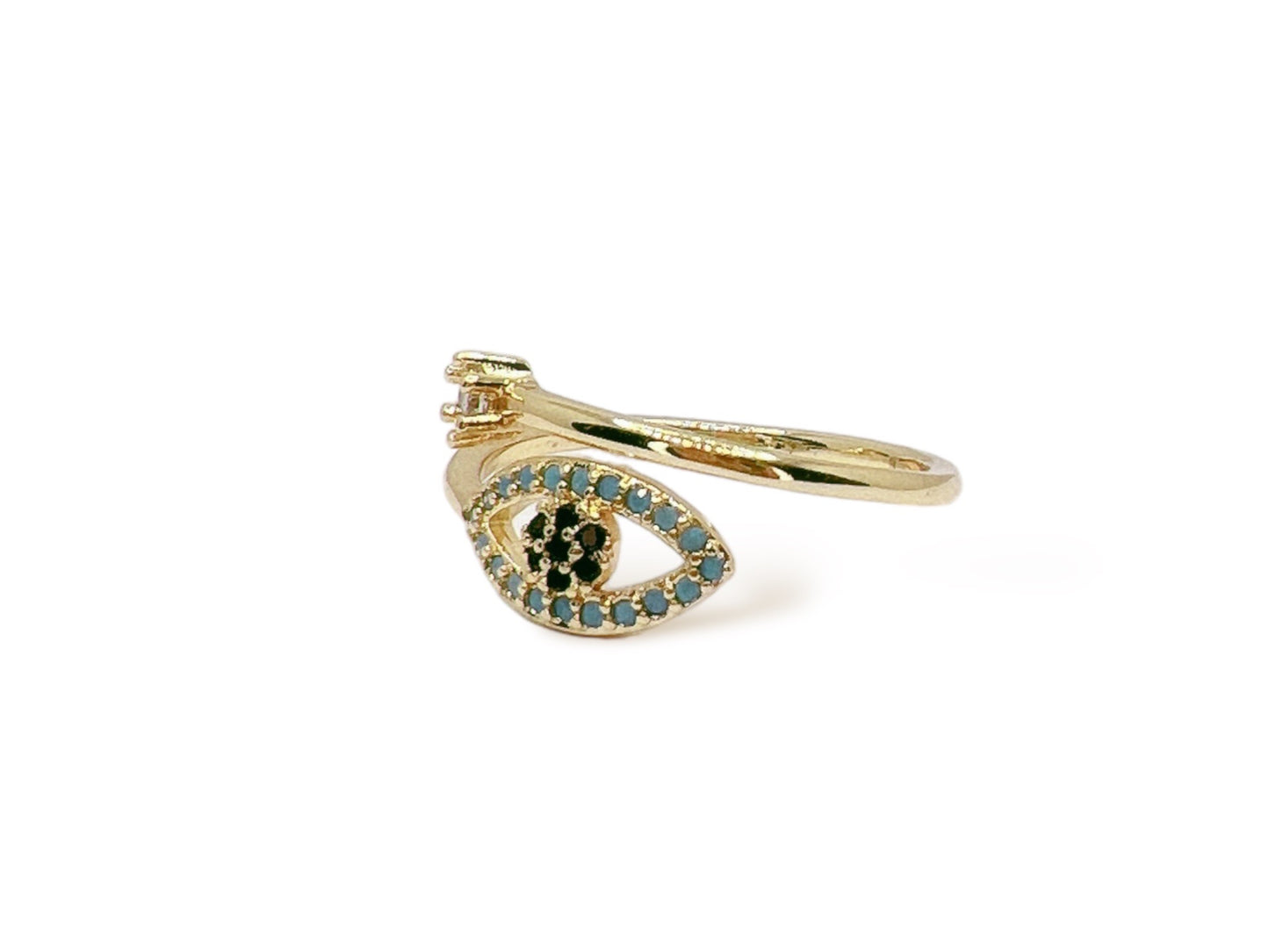 Diamond Zircon Evil Eye Ring - Turquoise, gold open ring with turquoise stones, black zircon center and clear zircon accent