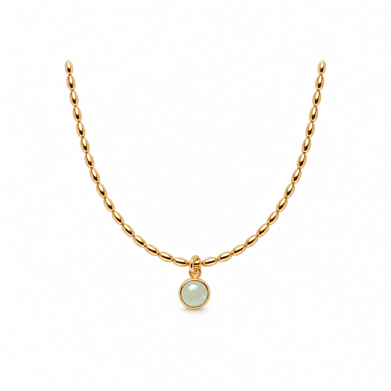 Celadon Bloom Necklace, gold rice-bead chain with a round mint-green stone pendant