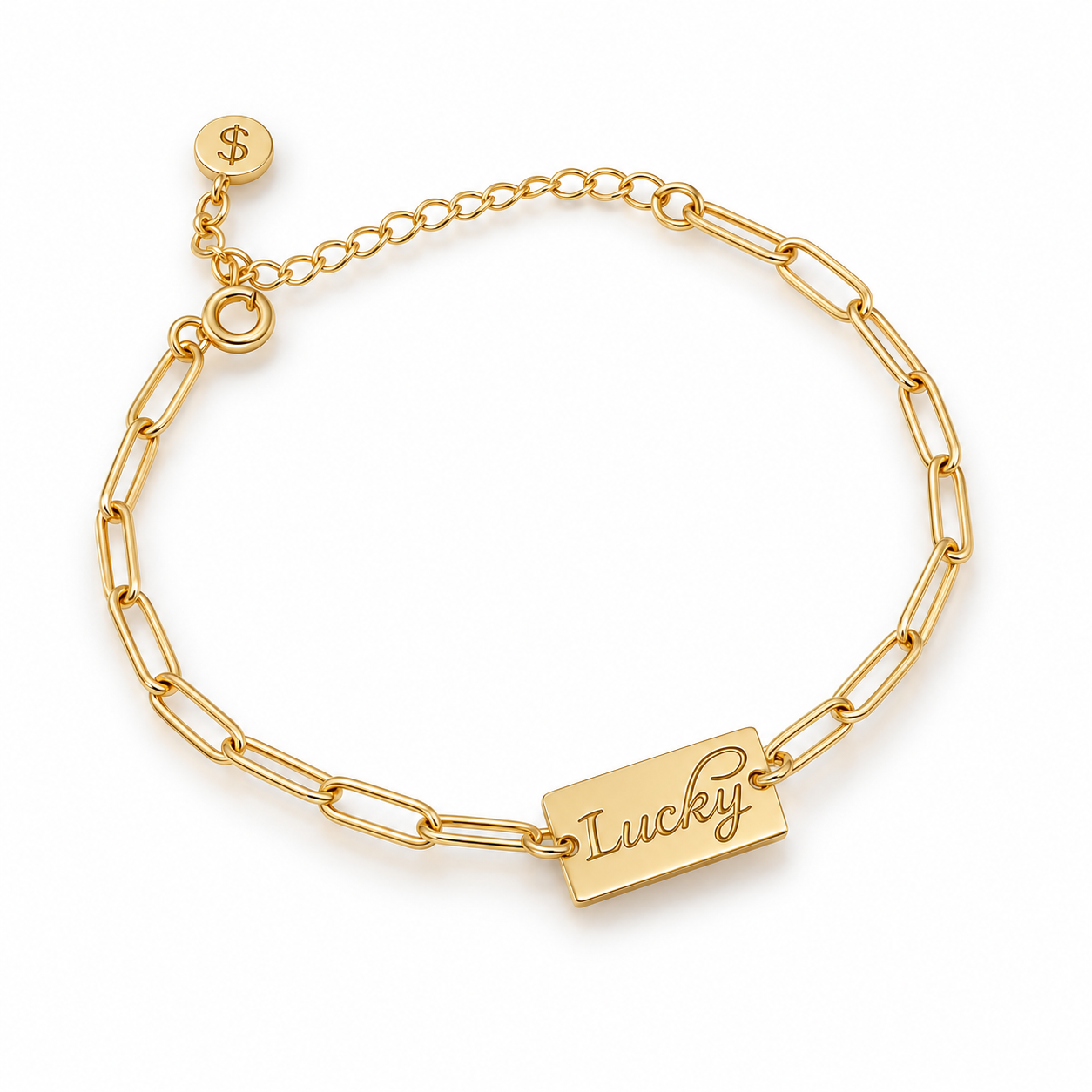 A gold paperclip chain bracelet with a rectangular nameplate engraved with the word 'Lucky' and an adjustable chain with a small round charm marked with a dollar sign, shown on a white background.