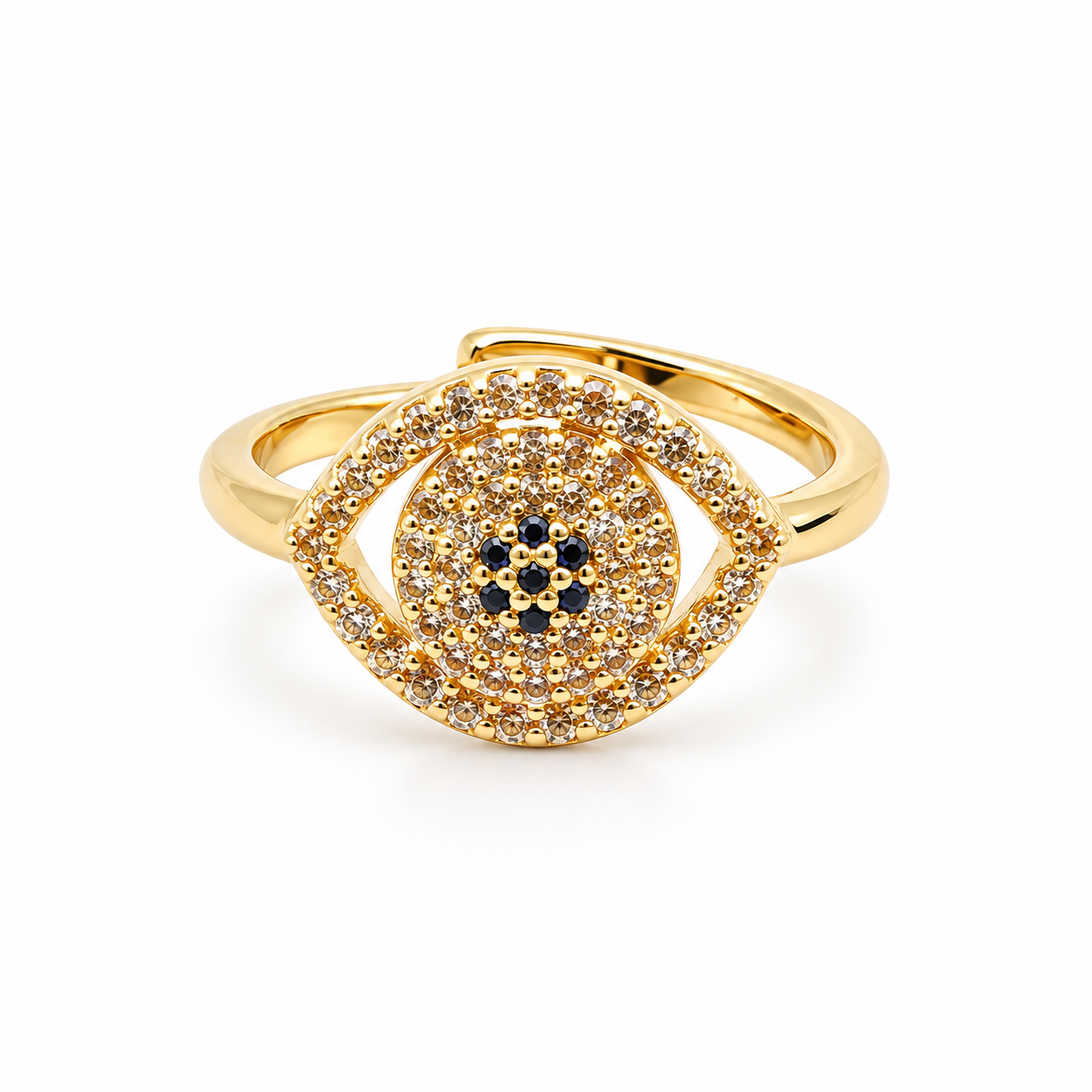 Diamond Zircon Evil Eye Ring - Full Diamond, gold open ring with eye fully paved in zircon and black zircon center
