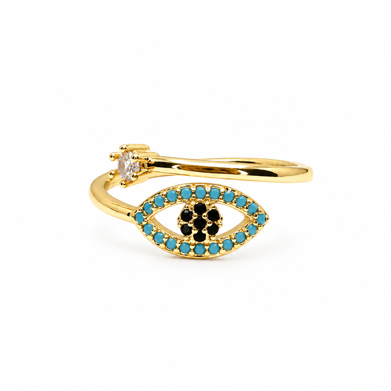 Diamond Zircon Evil Eye Ring - Turquoise, gold open ring with turquoise stones, black zircon center and clear zircon accent