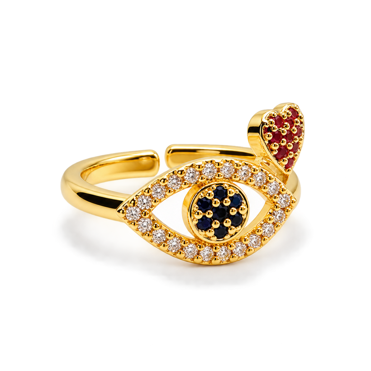 Diamond Zircon Evil Eye Ring - Red Heart, gold ring with clear zircon eye, blue zircon center and red zircon heart