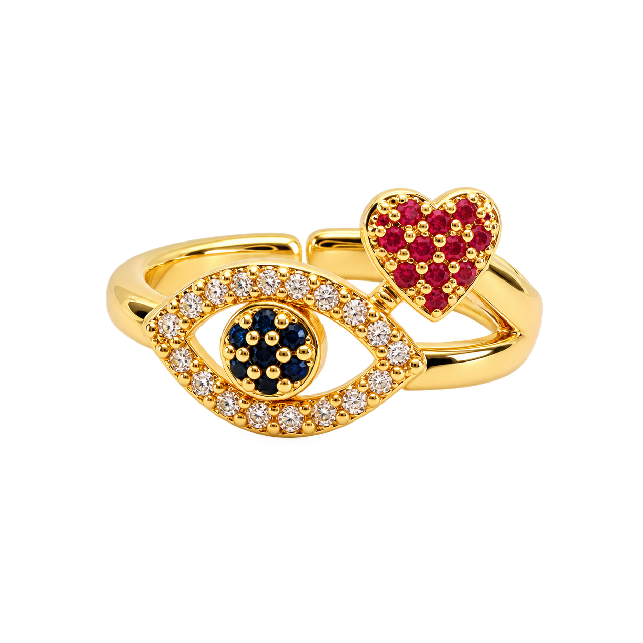 Diamond Zircon Evil Eye Ring - Red Heart, gold ring with clear zircon eye, blue zircon center and red zircon heart