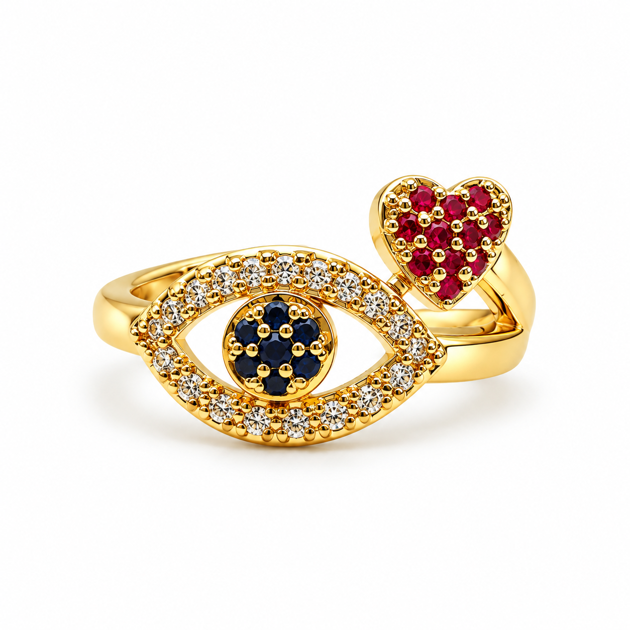 Diamond Zircon Evil Eye Ring - Red Heart, gold ring with clear zircon eye, blue zircon center and red zircon heart