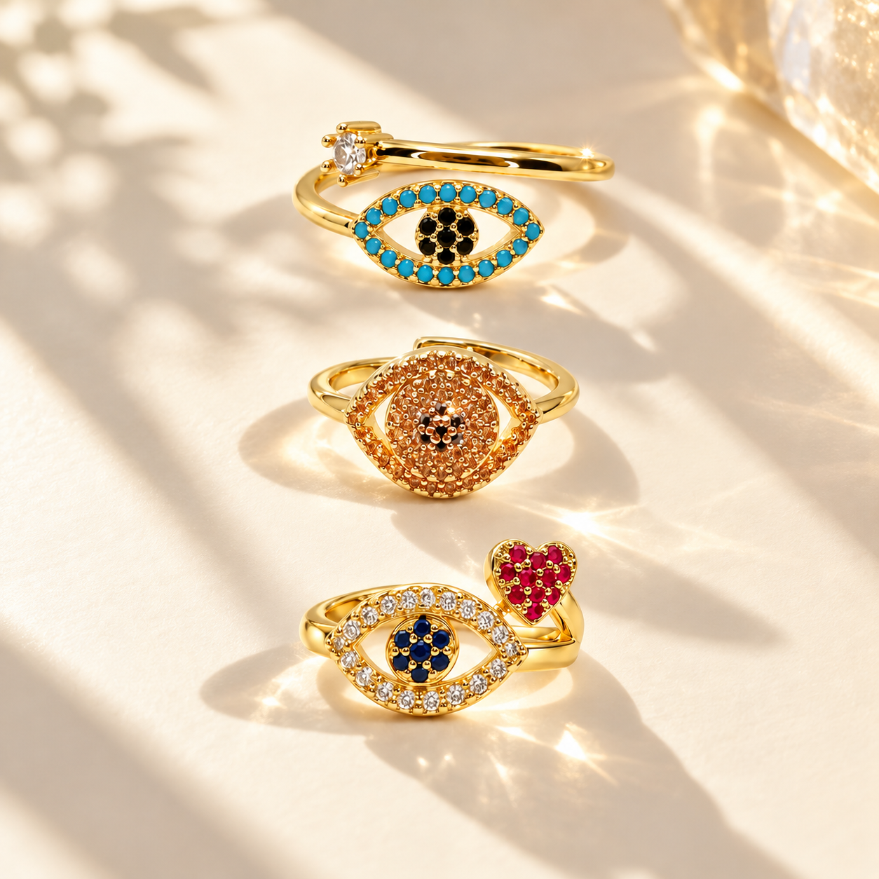Diamond Zircon Evil Eye Ring - Red Heart, gold ring with clear zircon eye, blue zircon center and red zircon heart