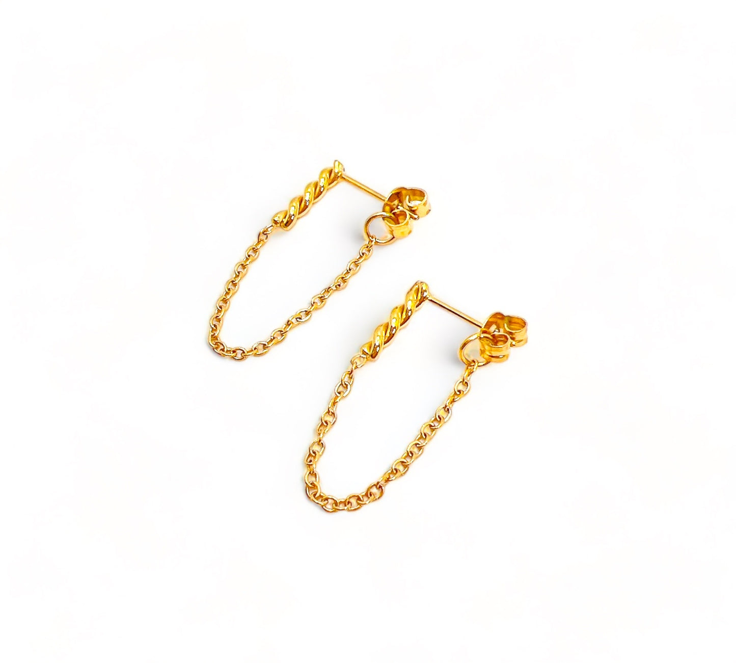 Eternal Knot gold twisted bar stud earrings with front-back drape chain, pair on white background