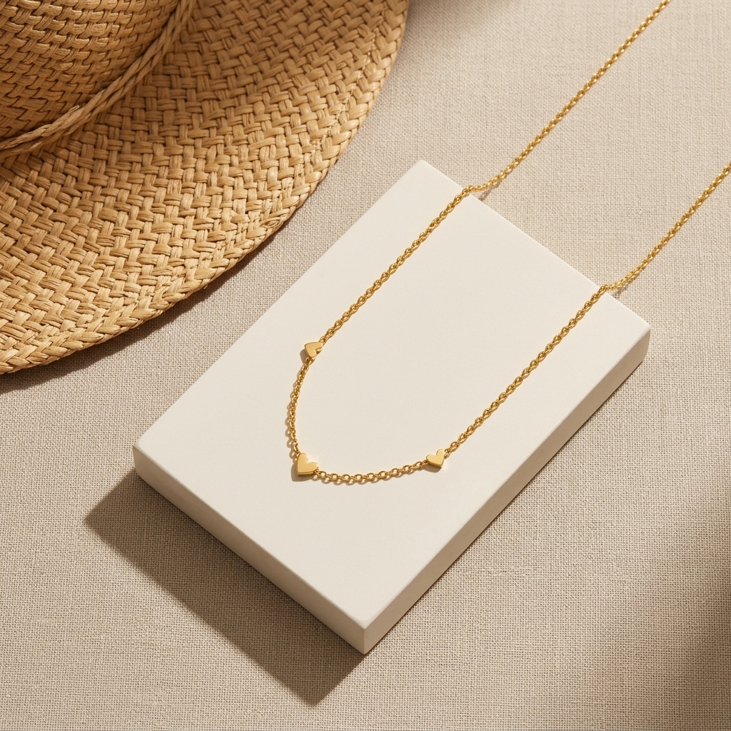 Heartline Necklace gold triple heart necklace displayed on a white block beside a woven straw hat