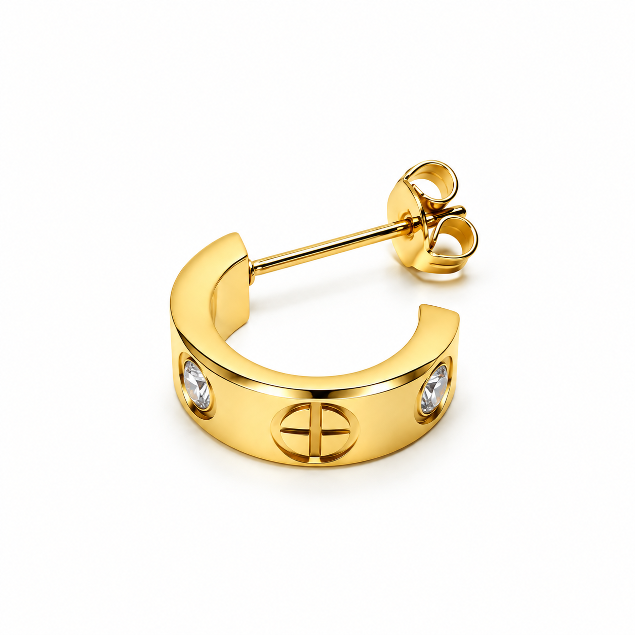 Golden Halo Huggies, pair of gold huggie earrings with cubic zirconia and engraved circle motifs on beige satinatin