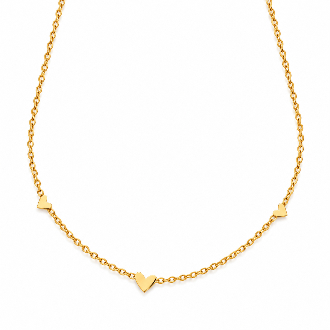 Heartline Necklace gold-plated stainless steel cable chain with three polished hearts on white background