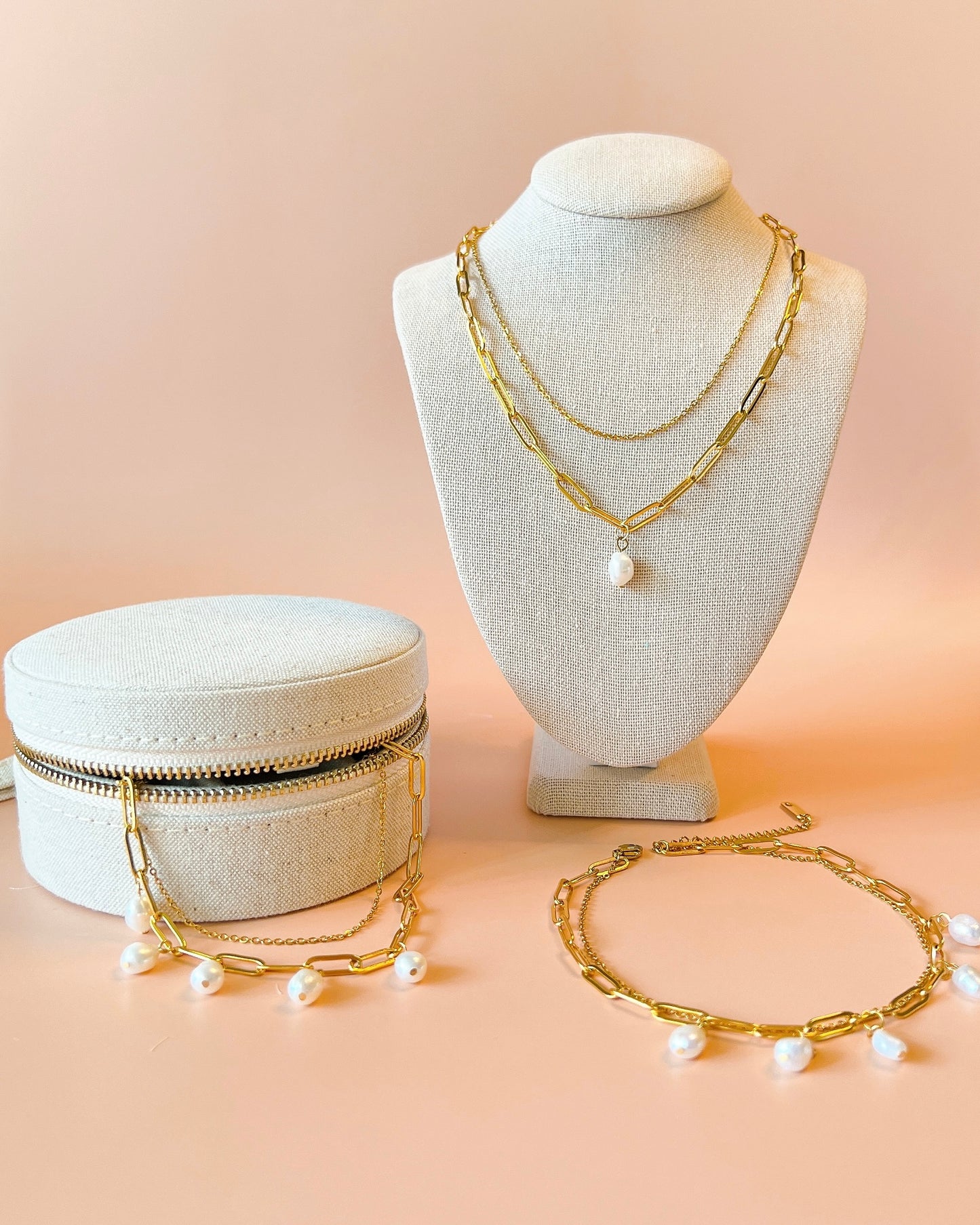Gold Paper Clip Freshwater Pearls Choker, Necklace, Bracelet, Anklet Jewelry