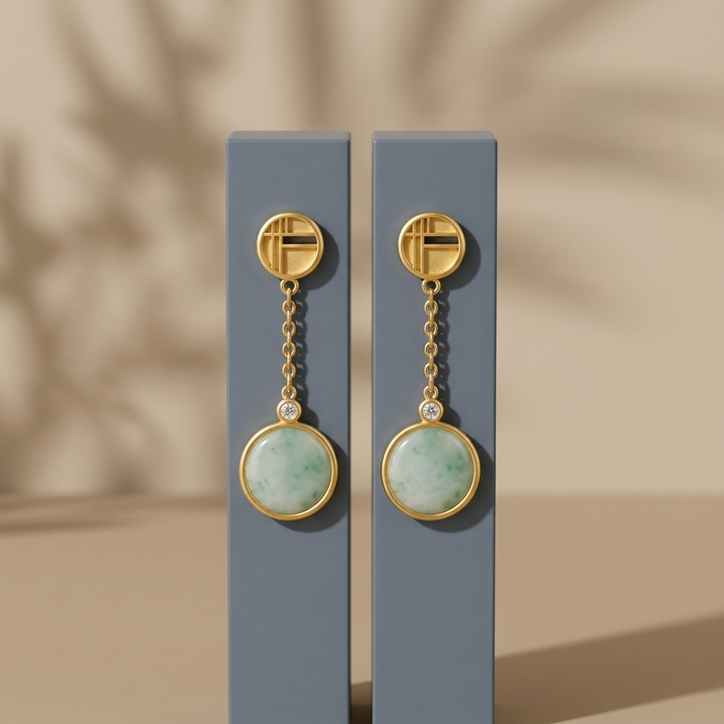 Jade Moon Earrings in 14K gold-plated stainless steel with lattice studs and jade-green drops on a gray display stand