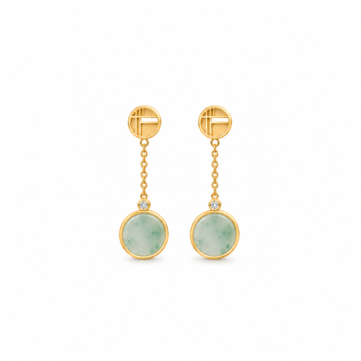 Jade Moon Earrings, gold lattice studs with chain drops, crystal accents, and round jade-green stones