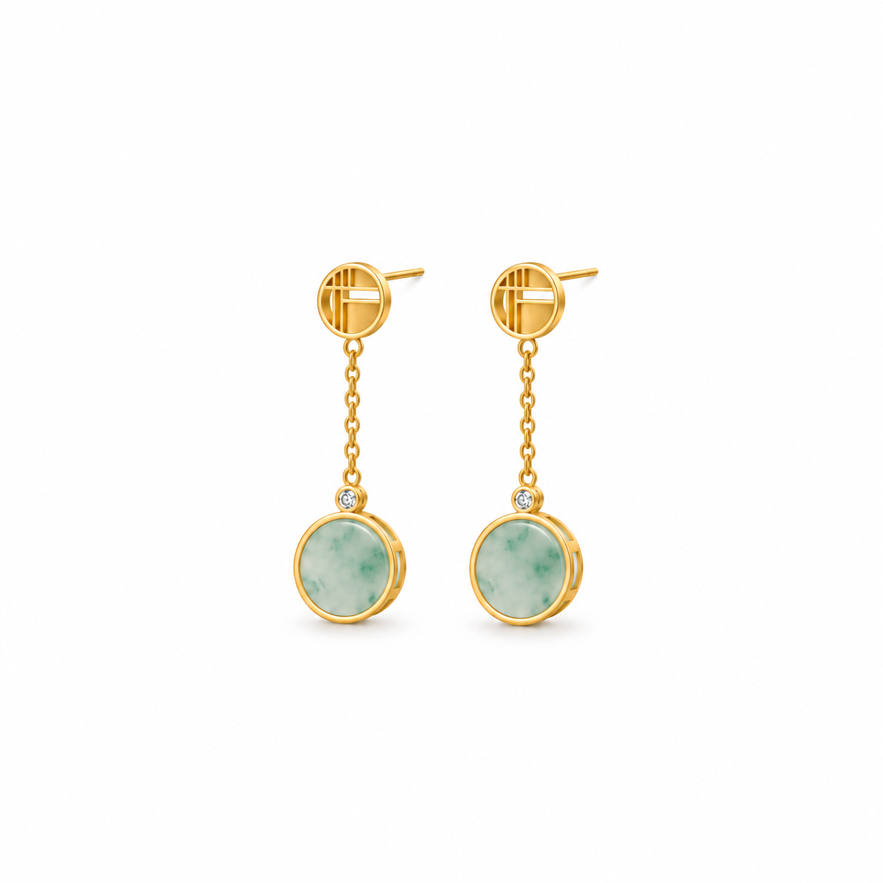 Side view of Jade Moon Earrings showing post backs, gold chain drops, and round jade-green stones