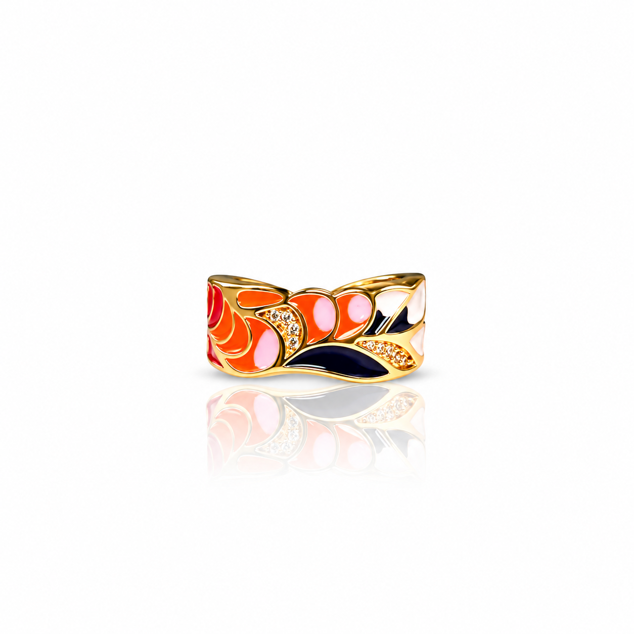 Koi Ring, a wavy gold band with orange, pink, red, white, and navy enamel feather shapes and crystal accents