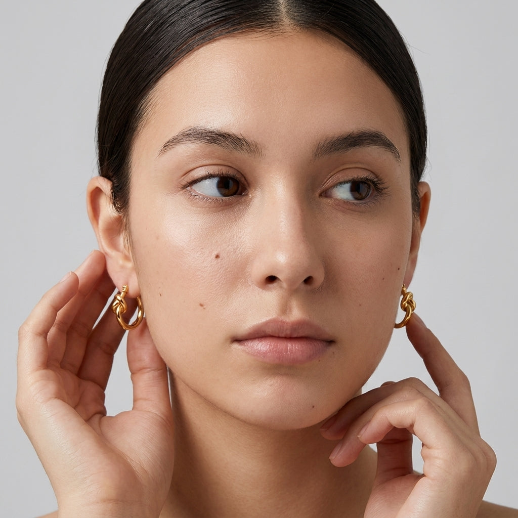 Woman with sleek dark hair wearing gold Love Knot Hoops on both ears, framing her face