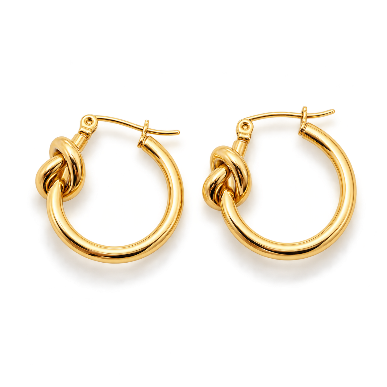Love Knot Hoops – pair of gold-plated stainless steel hoop earrings with a sculptural knot and snap post closure