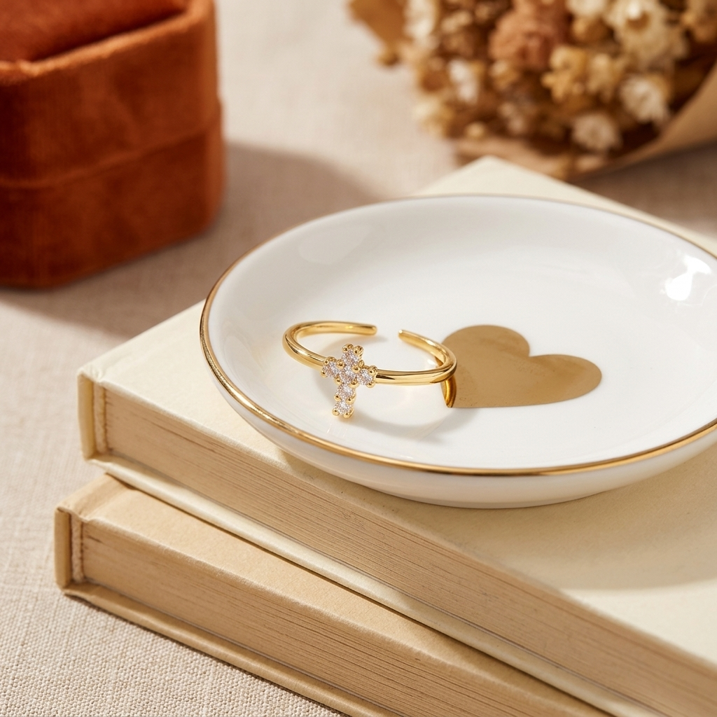 Gold cross ring with cubic zirconia stones on a white ring dish atop cream books