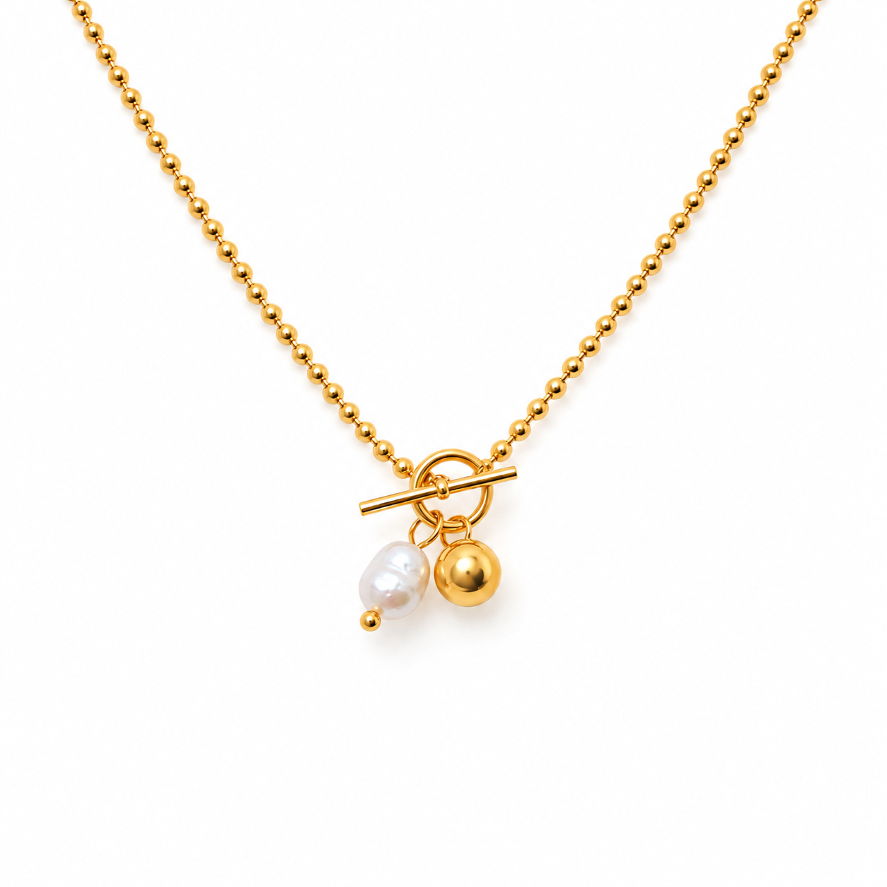 Pearl Promise Necklace, 18K gold-plated ball chain with front toggle clasp, baroque pearl and gold bead charms