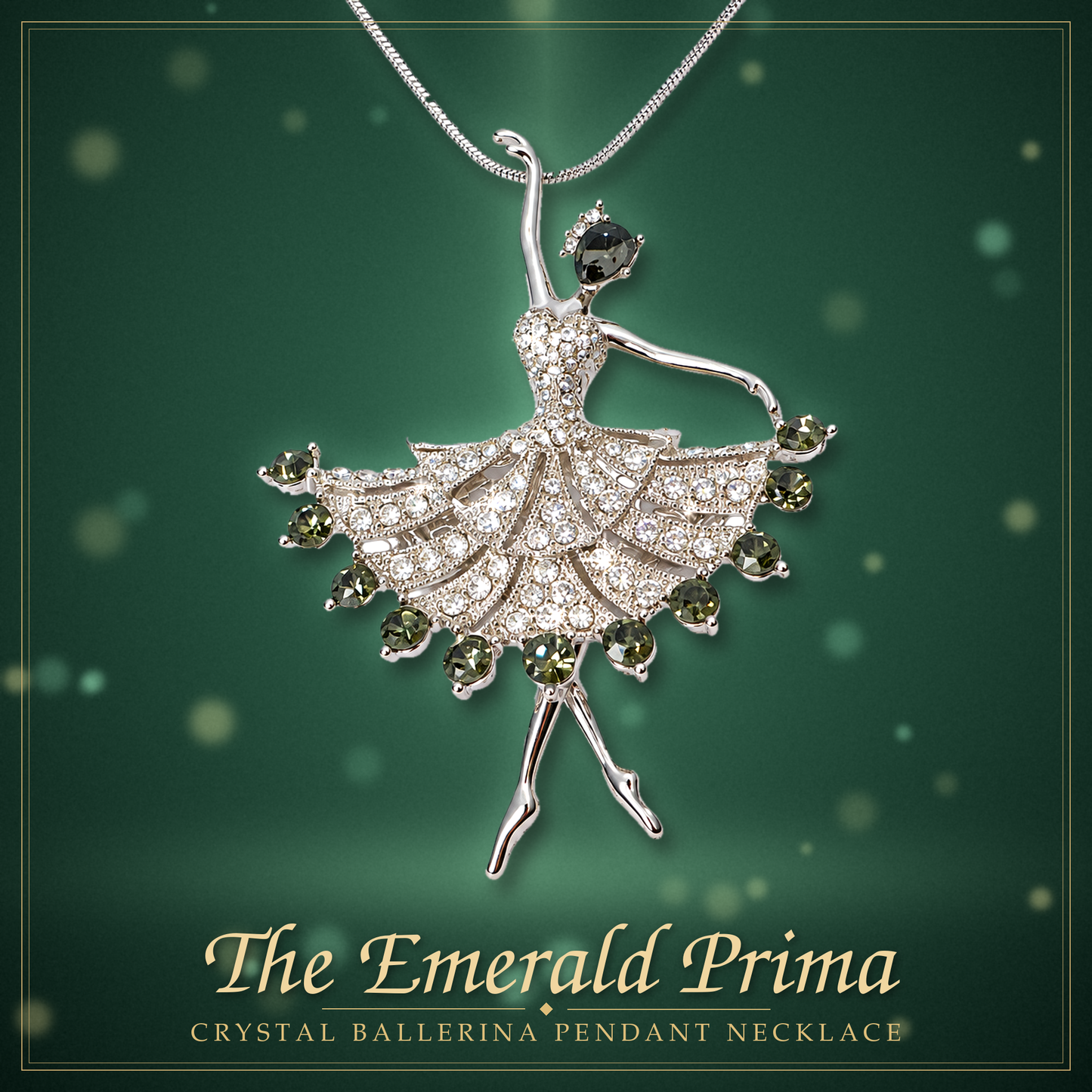 Emerald Prima ballerina pendant necklace with pine branches, ornaments and falling snow, Merry Christmas gift