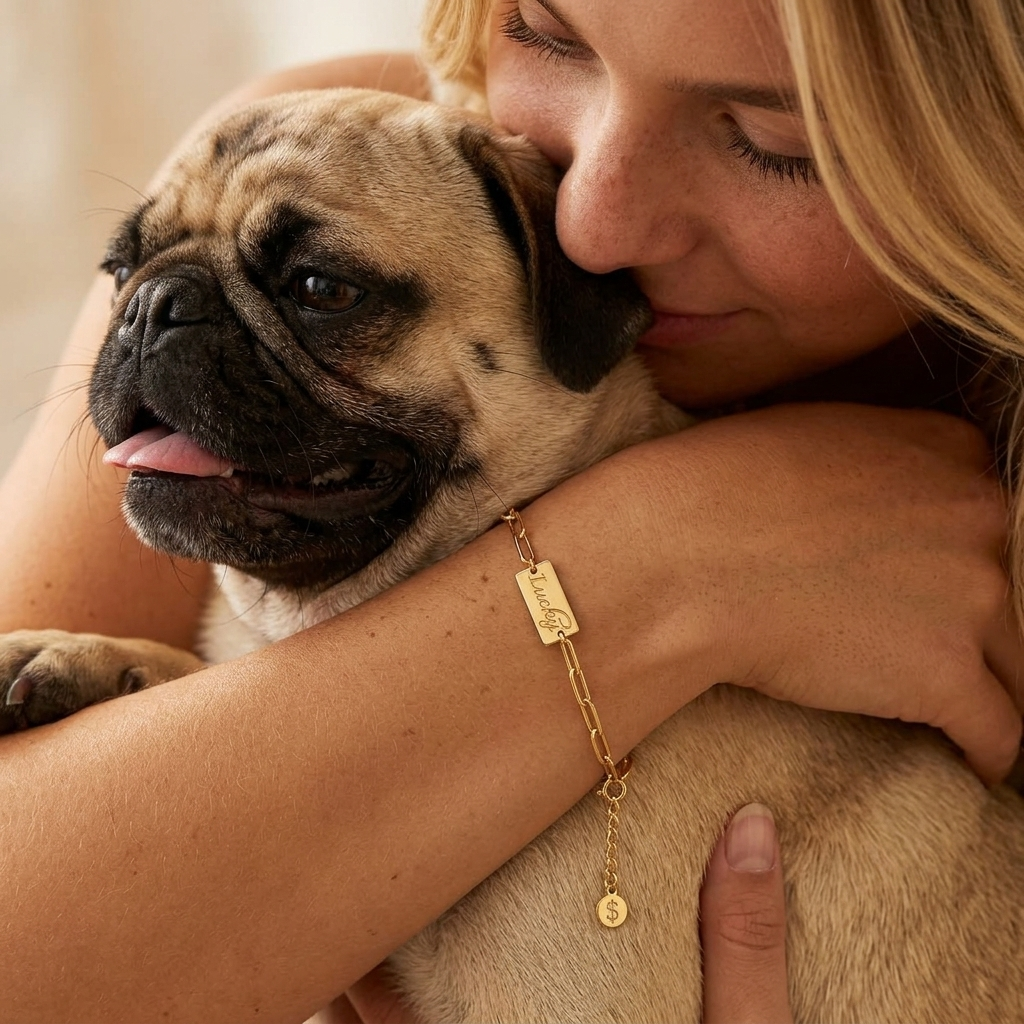 A woman hugging a pug dog while wearing a delicate gold chain bracelet on her wrist. The bracelet features a rectangular engraved plate and a small dangling charm, shown in a warm, close-up lifestyle setting.