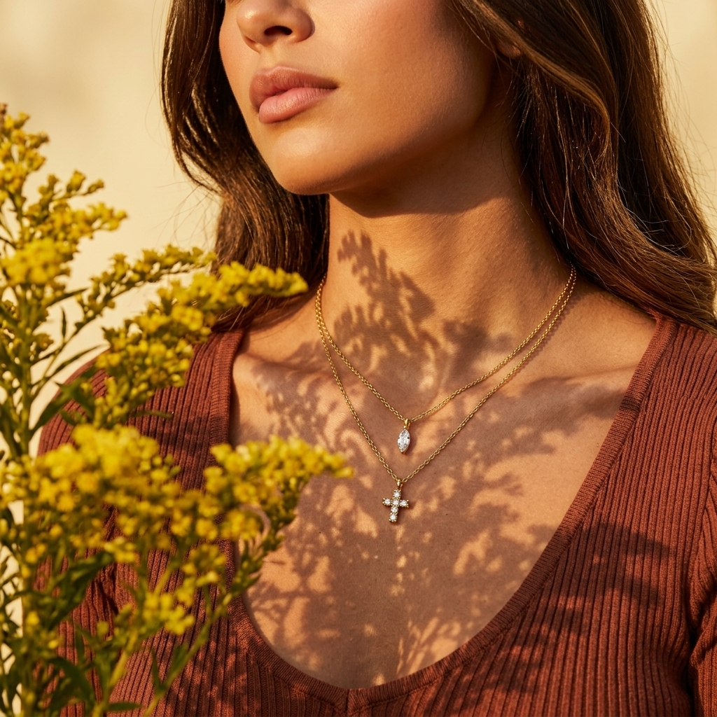 A close-up lifestyle shot of a woman wearing a double-layered gold necklace with a teardrop crystal pendant and a small cross pendant. The image is shot in warm golden-hour sunlight with dappled shadows on her chest and shoulder, framed by yellow wildflowers in the foreground.