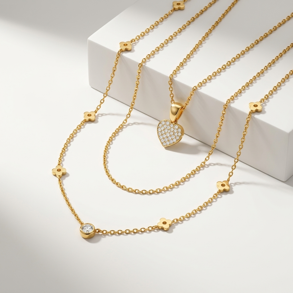 Gold necklace with a heart-shaped diamond pendant on a white background