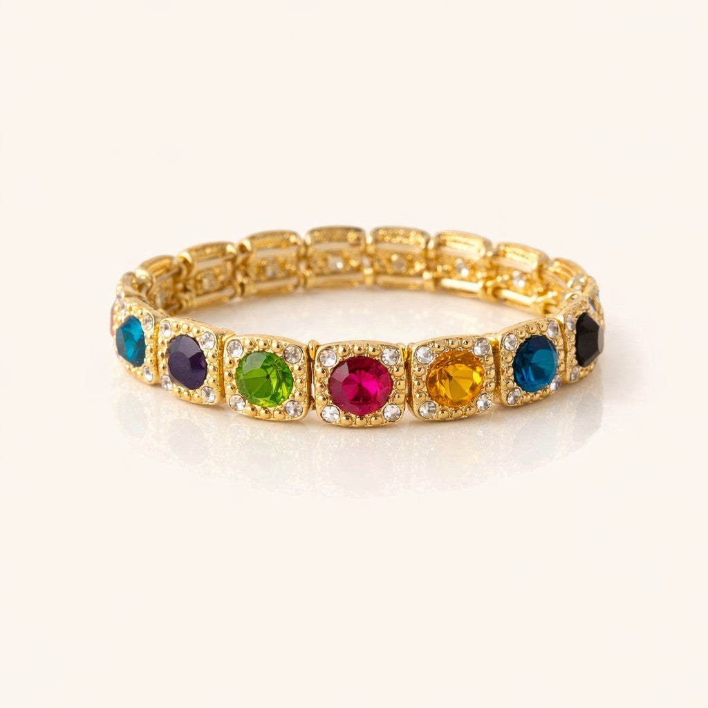 Rainbow Crystal Stretch Bracelet, gold bracelet with multicolor stones in square frames with clear crystal accents