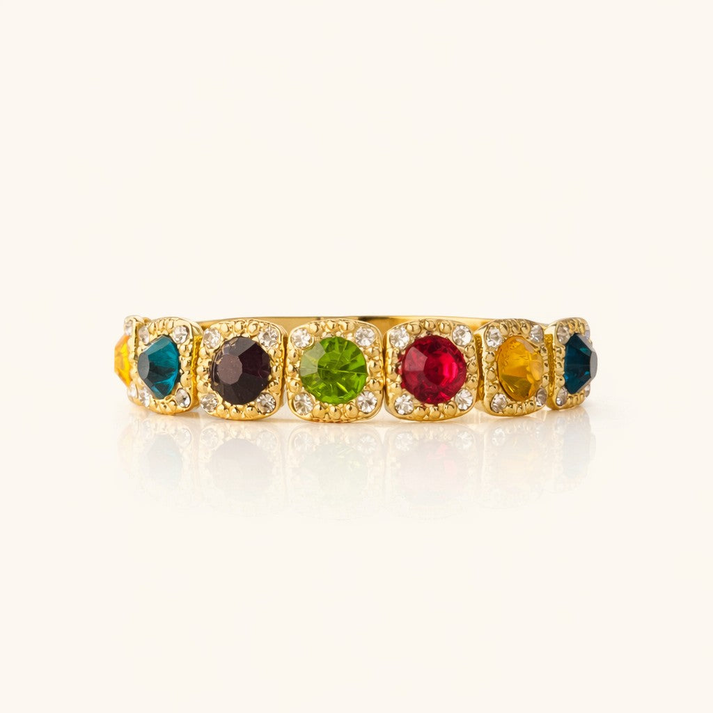 Rainbow Crystal Stretch Bracelet, gold bracelet with multicolor stones in square frames with clear crystal accents