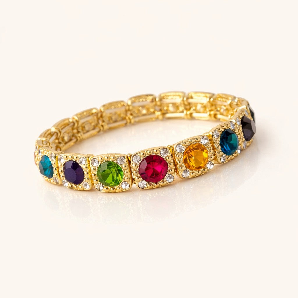 Rainbow Crystal Stretch Bracelet, gold bracelet with multicolor stones in square frames with clear crystal accents