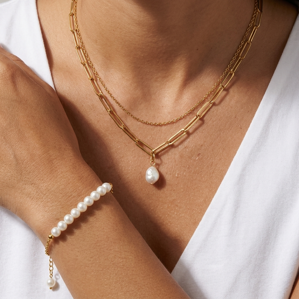Paper Clip Freshwater Pearl Jewelry Set worn by a model, layered gold necklace with pearl drop and pearl bracelet