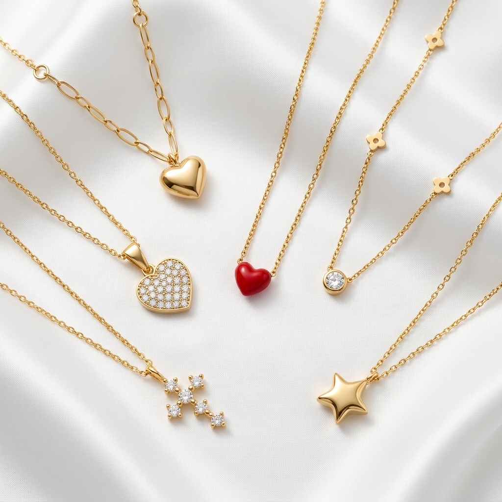 Mini Heart Whisper red enamel heart bracelet styled with gold puffy heart, pavé heart, crystal cross, solitaire, and puffy star pieces on white satin.