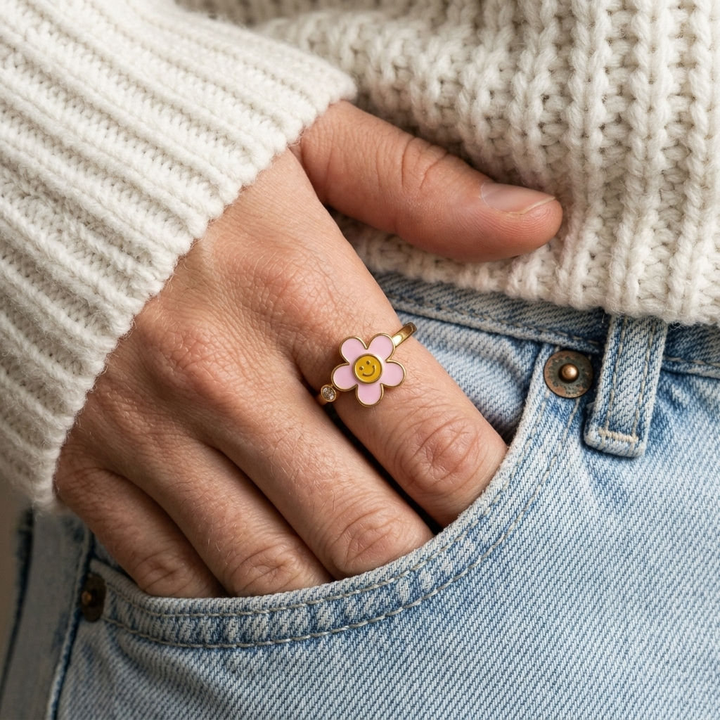 A close-up of a person's hand in a pocket wearing a gold ring shaped like a pink flower with a yellow smiley face center, styled with a cream ribbed sweater and light blue denim jeans.
