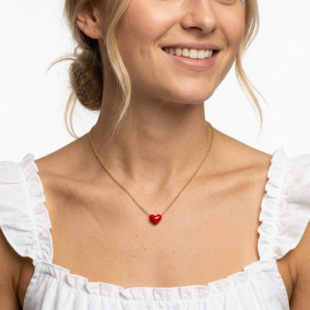 A close-up of a woman wearing a delicate gold chain necklace with a small, glossy red heart pendant, styled with a white ruffled top against a clean white background.