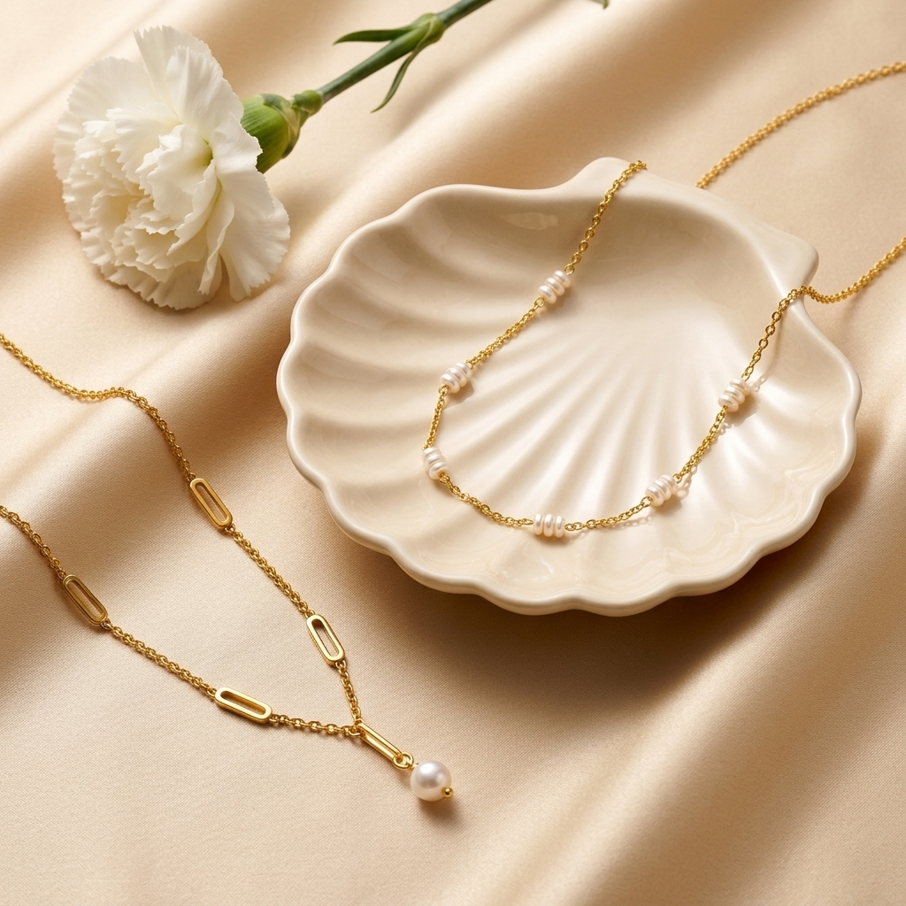 Faith, Hope & Love Pearl Necklace resting in a white shell dish, next to a gold necklace with a single pearl drop and a white carnation