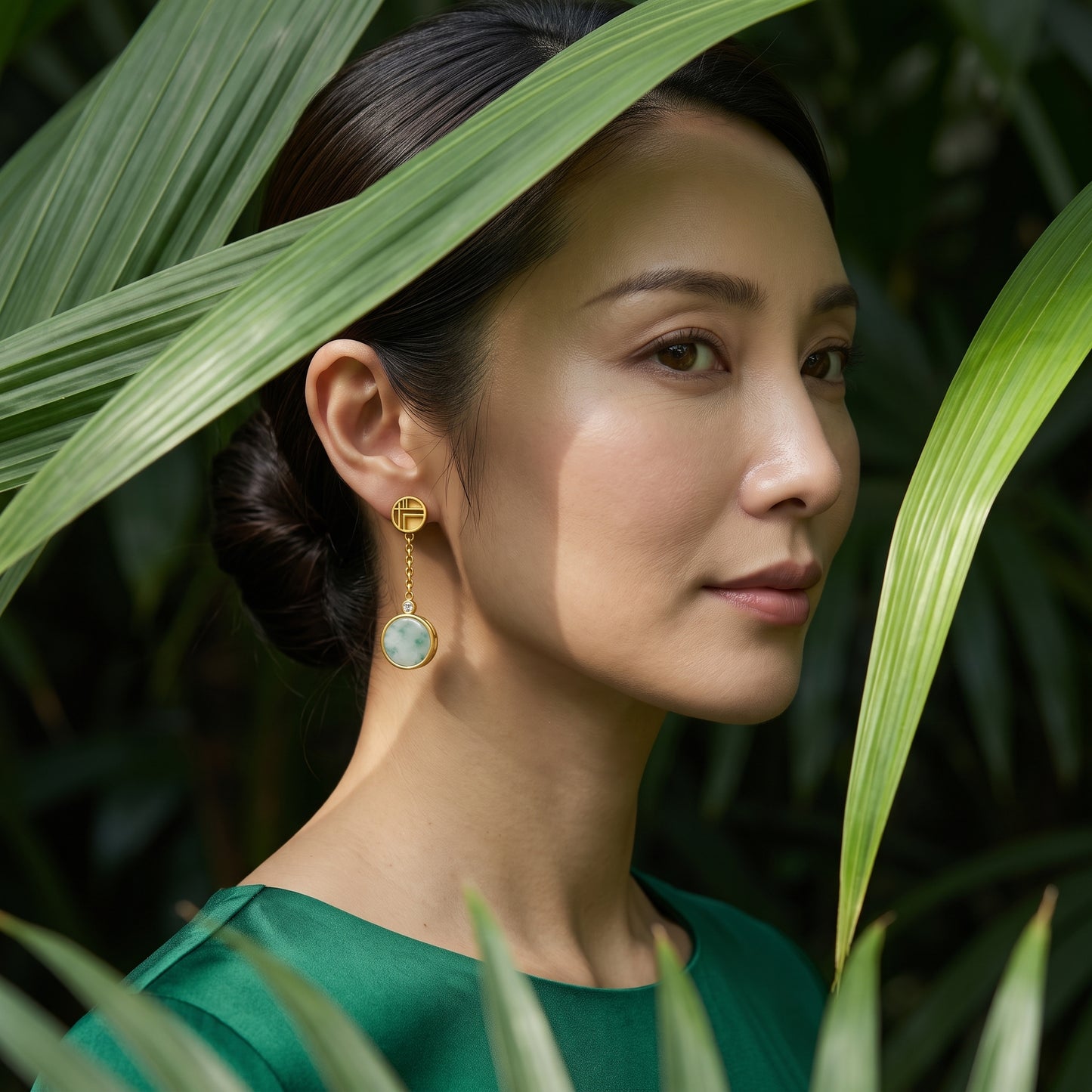 Woman in a green silk top wearing Jade Moon Earrings, gold lattice studs with jade-green drops, among tropical leaves